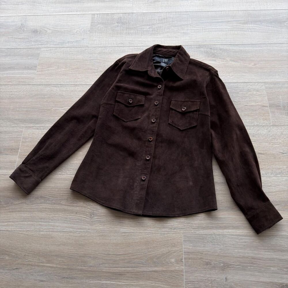 Gap Women's Small Chocolate Brown Suede Leather Button Up Shirt Vintage 90's